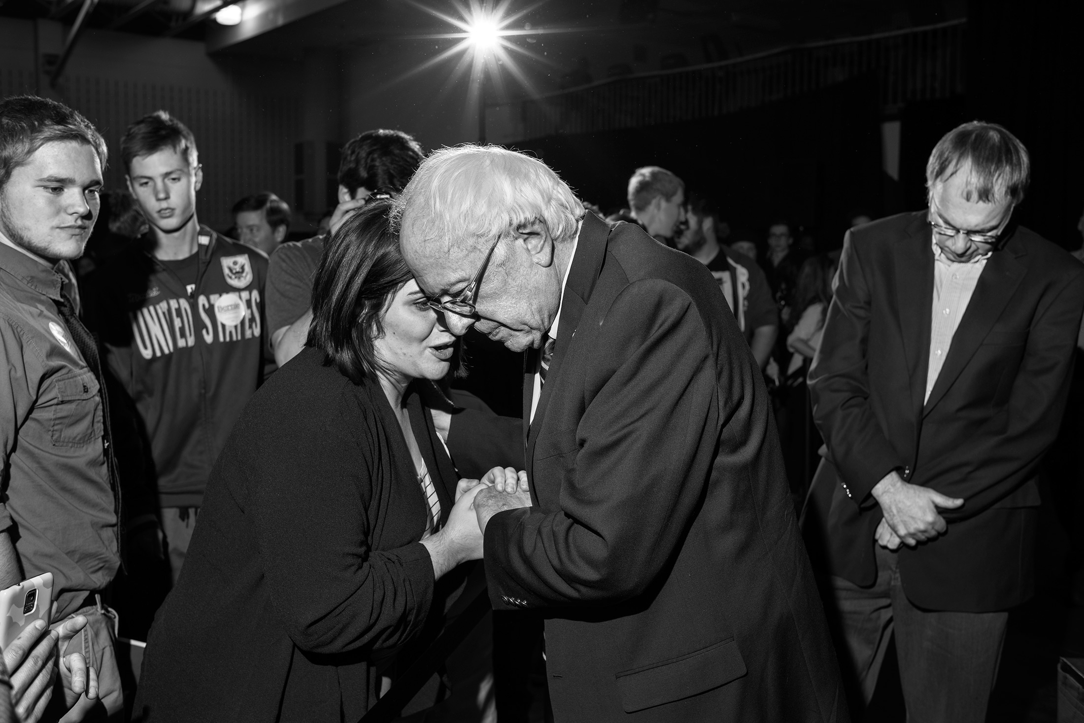 Sanders with a supporter at Plymouth State University on Dec. 5