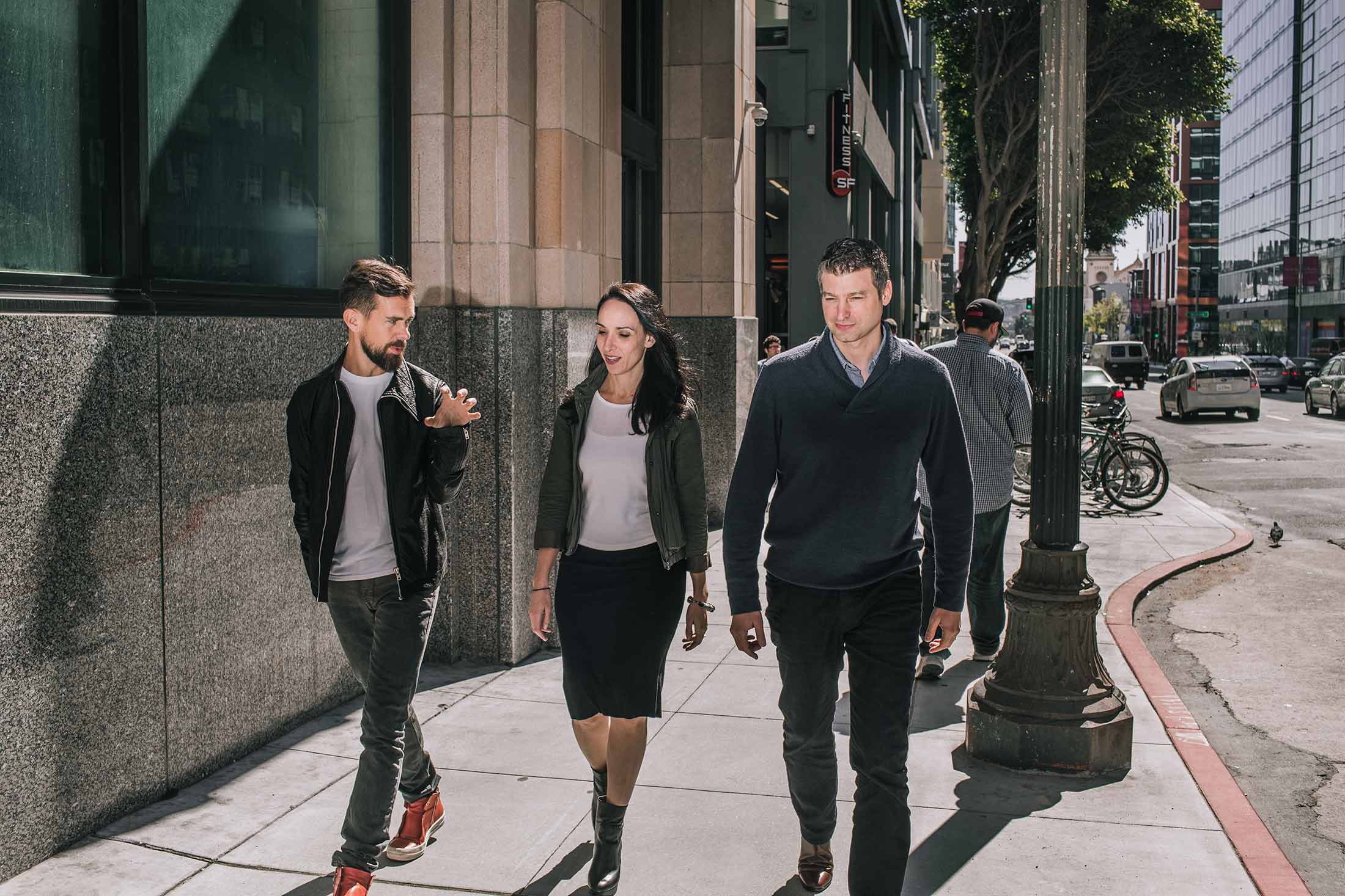 Jack Dorsey, Leslie Berland, Adam Bain outside Twitter headquarters