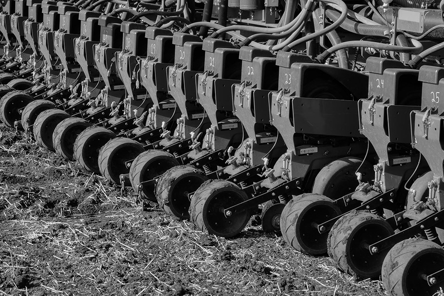 A 36-row corn planter working on the Kevin Skunes farm northeast of Arthur, North Dakota.