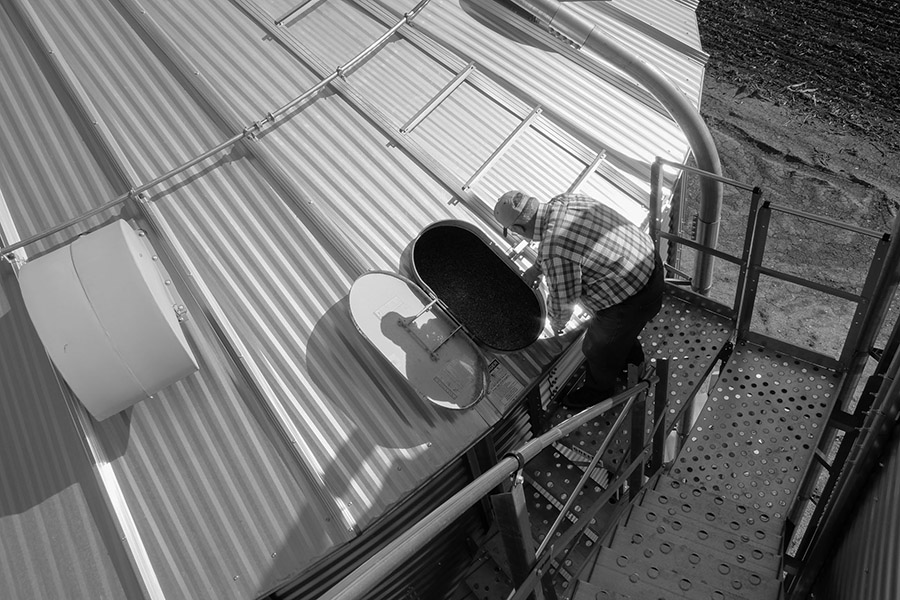 The view from the top of one of Kevin Skunes's 30,000-bushel corn bins.