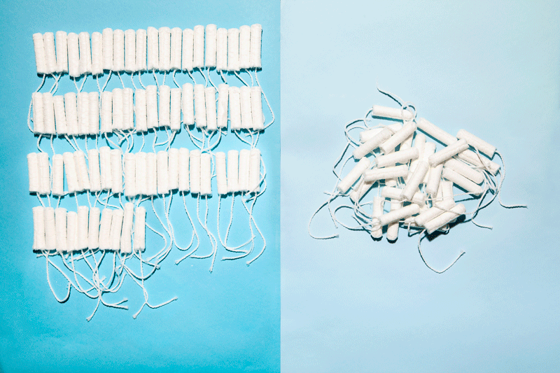 Stop-motion animation of 70 tampons on left on medium blue background, and pile of 30 tampons on light blue