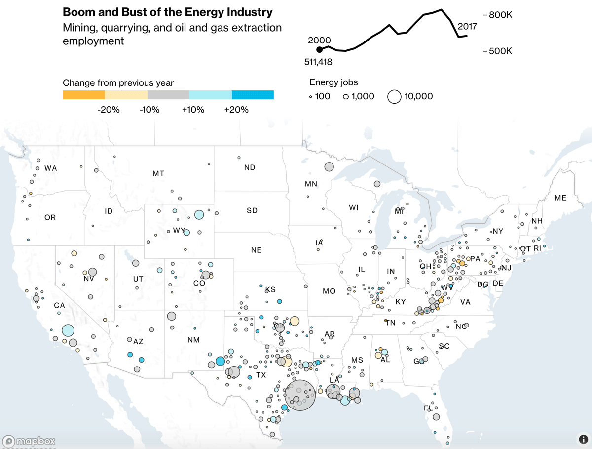 Animated map of continental U.S. with circles showing number of energy jobs by county, growing and shrinking over time
