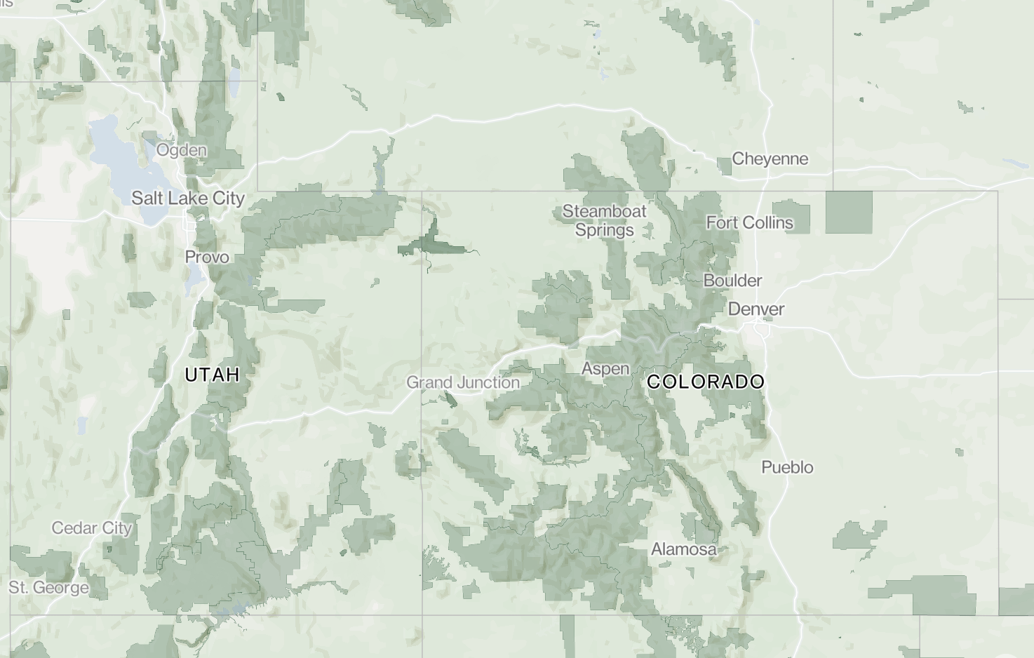 Map showing federal park land in Utah and Colorado