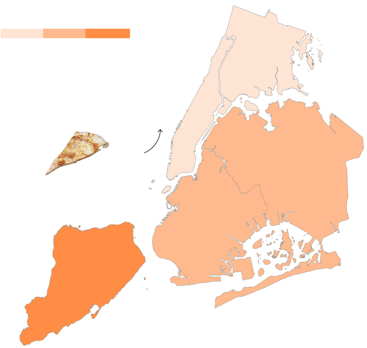 Choropleth map of the five boroughs. The darker the shade, the more pizza prices have increased between 2019 and 2022. Staten Island is the darkest, then Brooklyn and Queens, then Manhattan and Bronx.