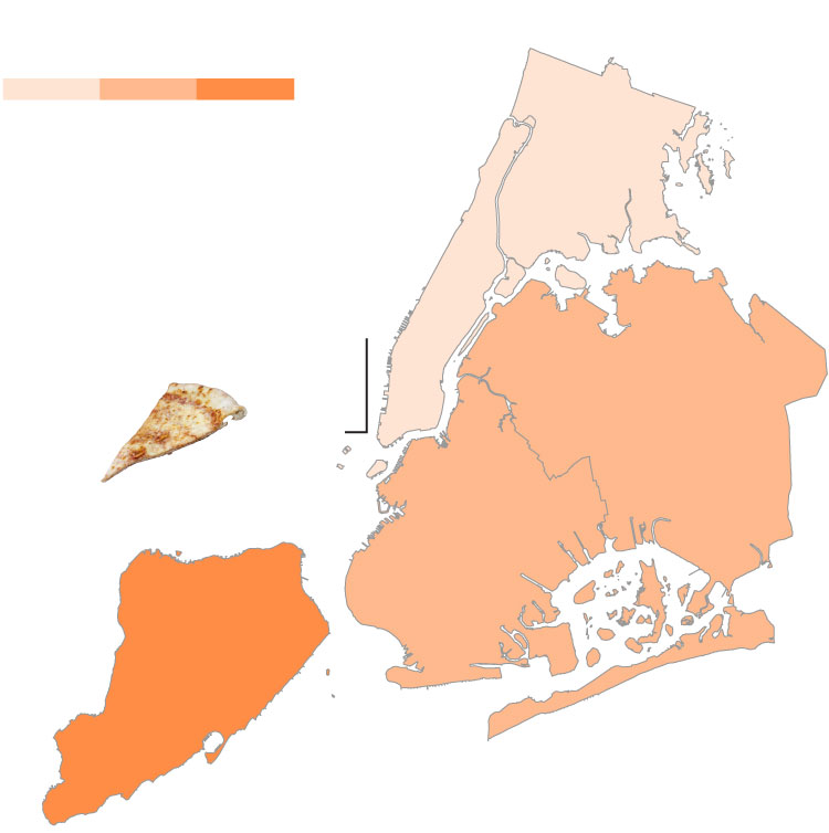 Choropleth map of the five boroughs. The darker the shade, the more pizza prices have increased between 2019 and 2022. Staten Island is the darkest, then Brooklyn and Queens, then Manhattan and Bronx.