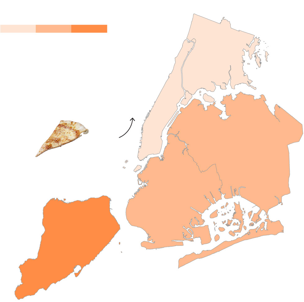 Choropleth map of the five boroughs. The darker the shade, the more pizza prices have increased between 2019 and 2022. Staten Island is the darkest, then Brooklyn and Queens, then Manhattan and Bronx.