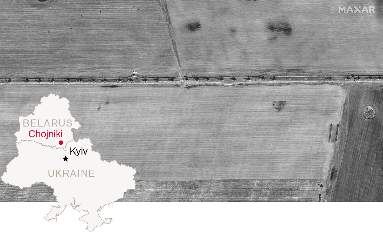 A slideshow animated through black and white satellite images of helicopters and other military equipment