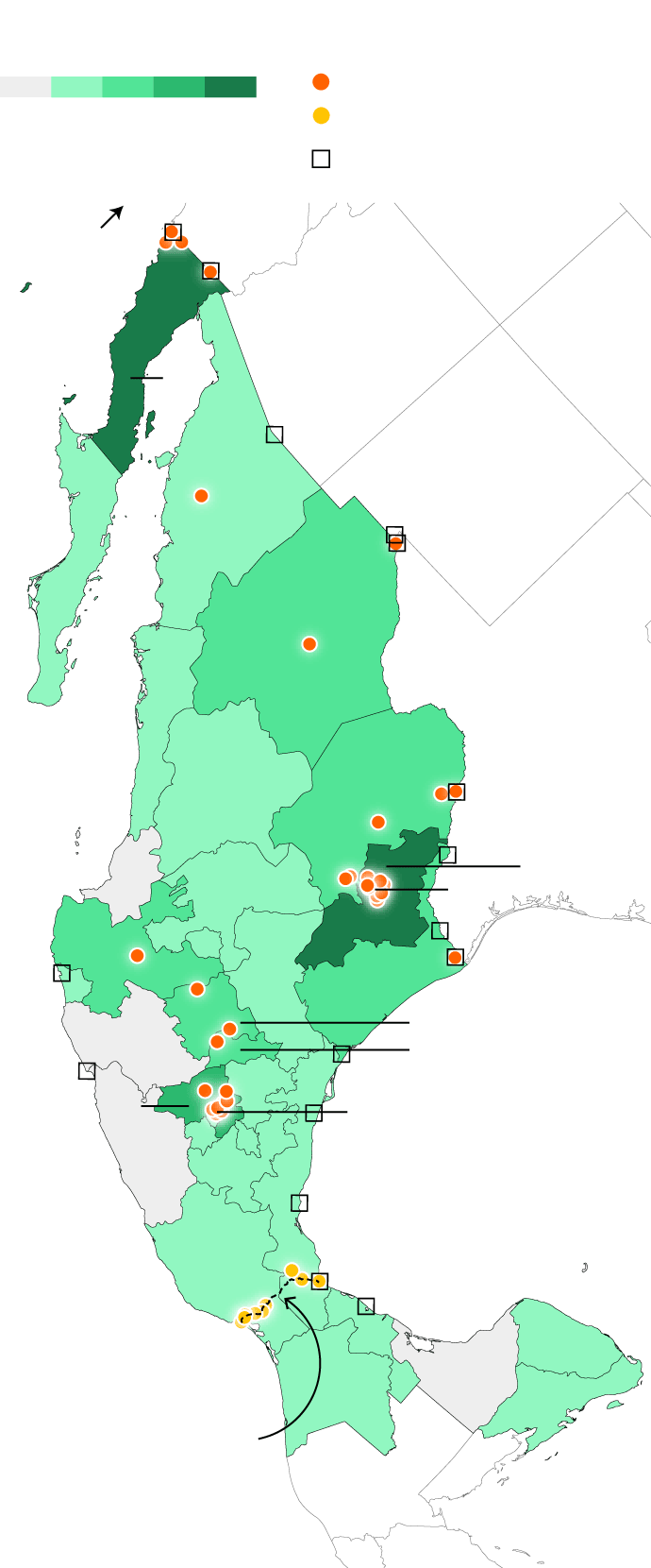 A map showing Mexican states colored by the number of built industrial parks or warehouses per state. Baja California and Nuevo León have the most number of built parks. There are also many parks in construction in MOnterrey and Mexico City.