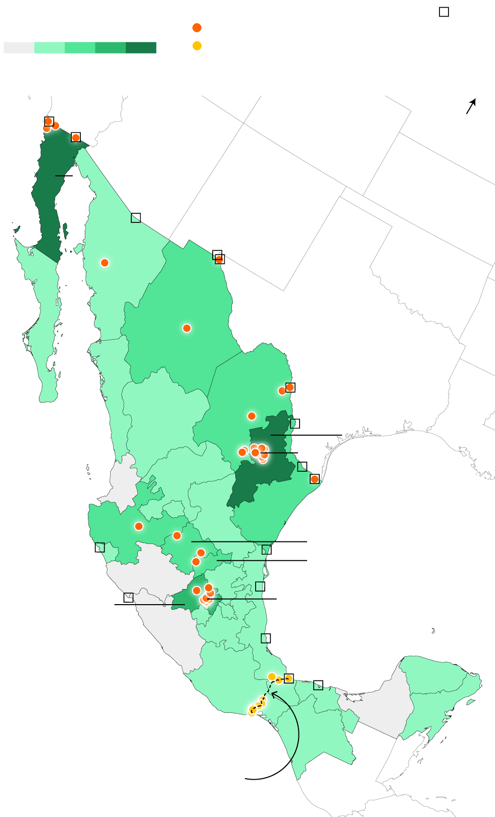 A map showing Mexican states colored by the number of built industrial parks or warehouses per state. Baja California and Nuevo León have the most number of built parks. There are also many parks in construction in MOnterrey and Mexico City.