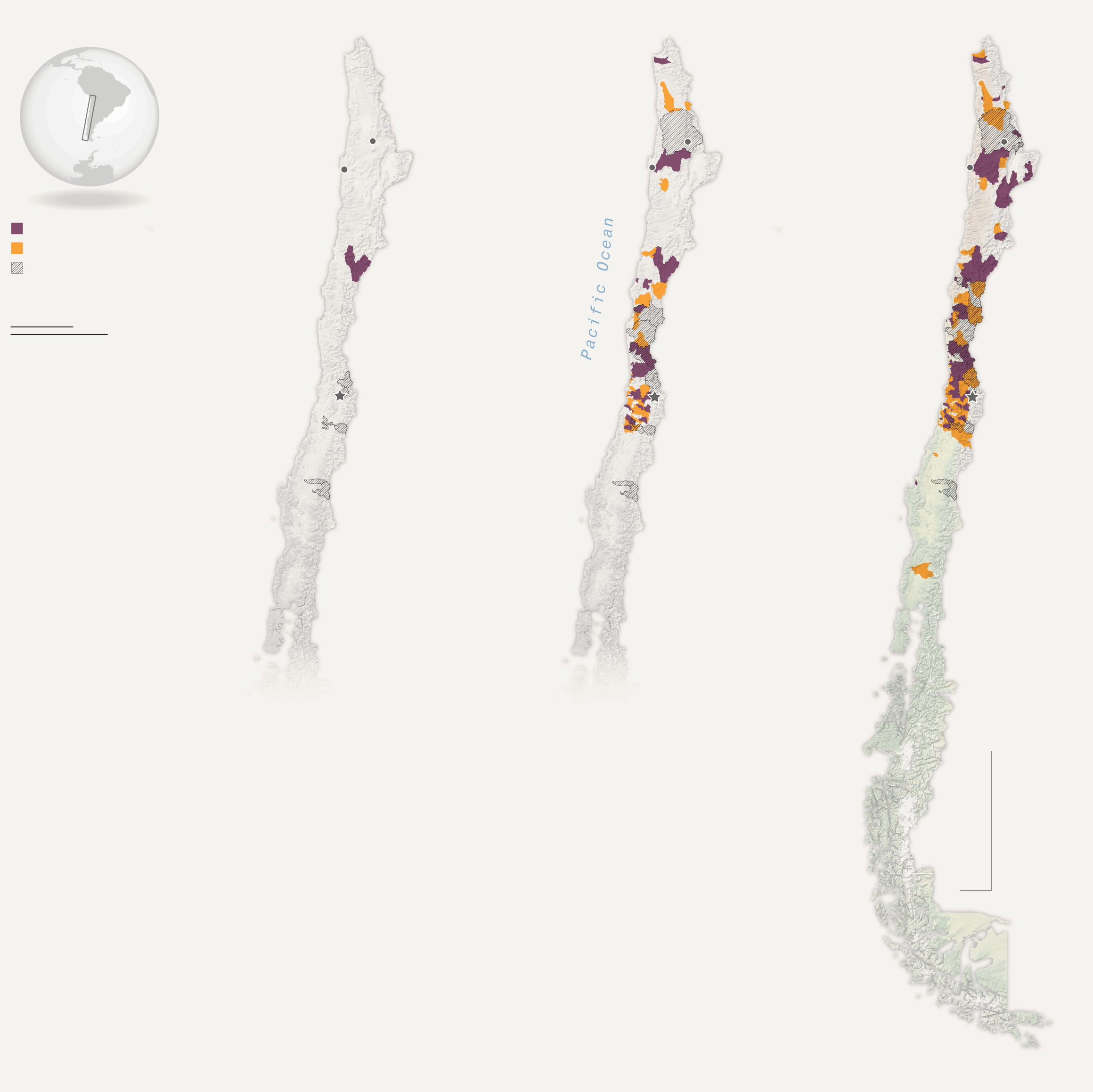 A set of Chile maps showing areas where issuing of new aquider rights are banned or restricted, and areas where issuing of new surface water rights are banned in 2023 as well as situations in 1995 and 2010.