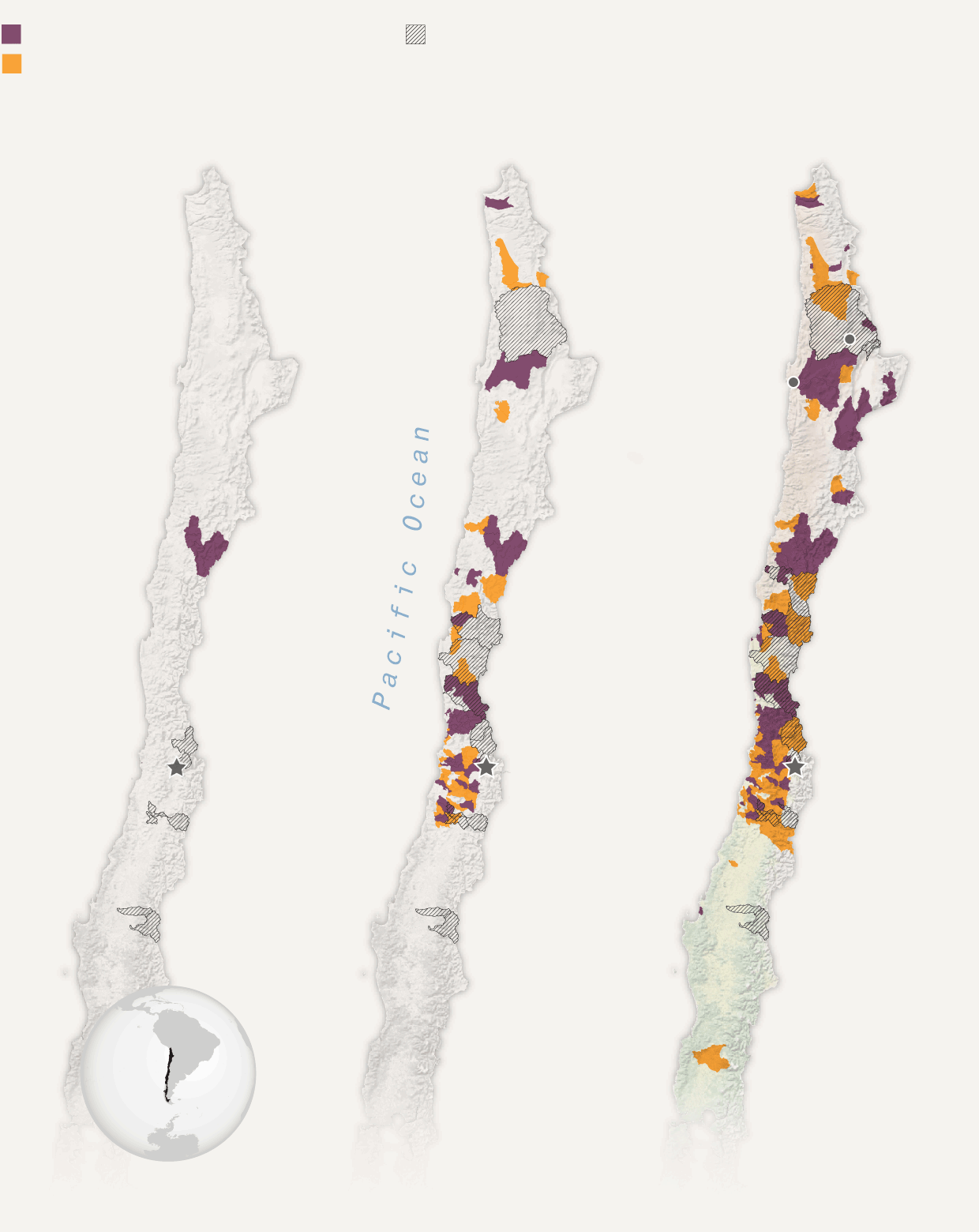 A set of Chile maps showing areas where issuing of new aquider rights are banned or restricted, and areas where issuing of new surface water rights are banned in 2023 as well as situations in 1995 and 2010.