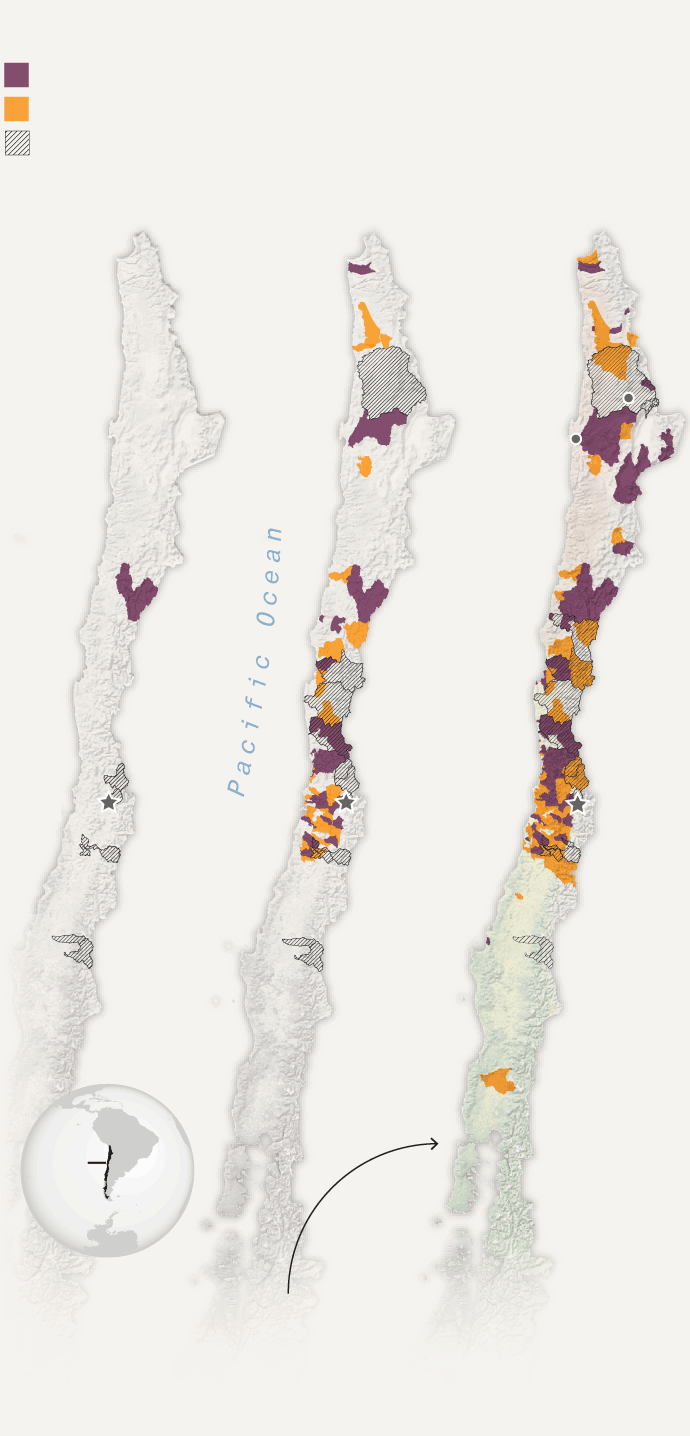 A set of Chile maps showing areas where issuing of new aquider rights are banned or restricted, and areas where issuing of new surface water rights are banned in 2023 as well as situations in 1995 and 2010.