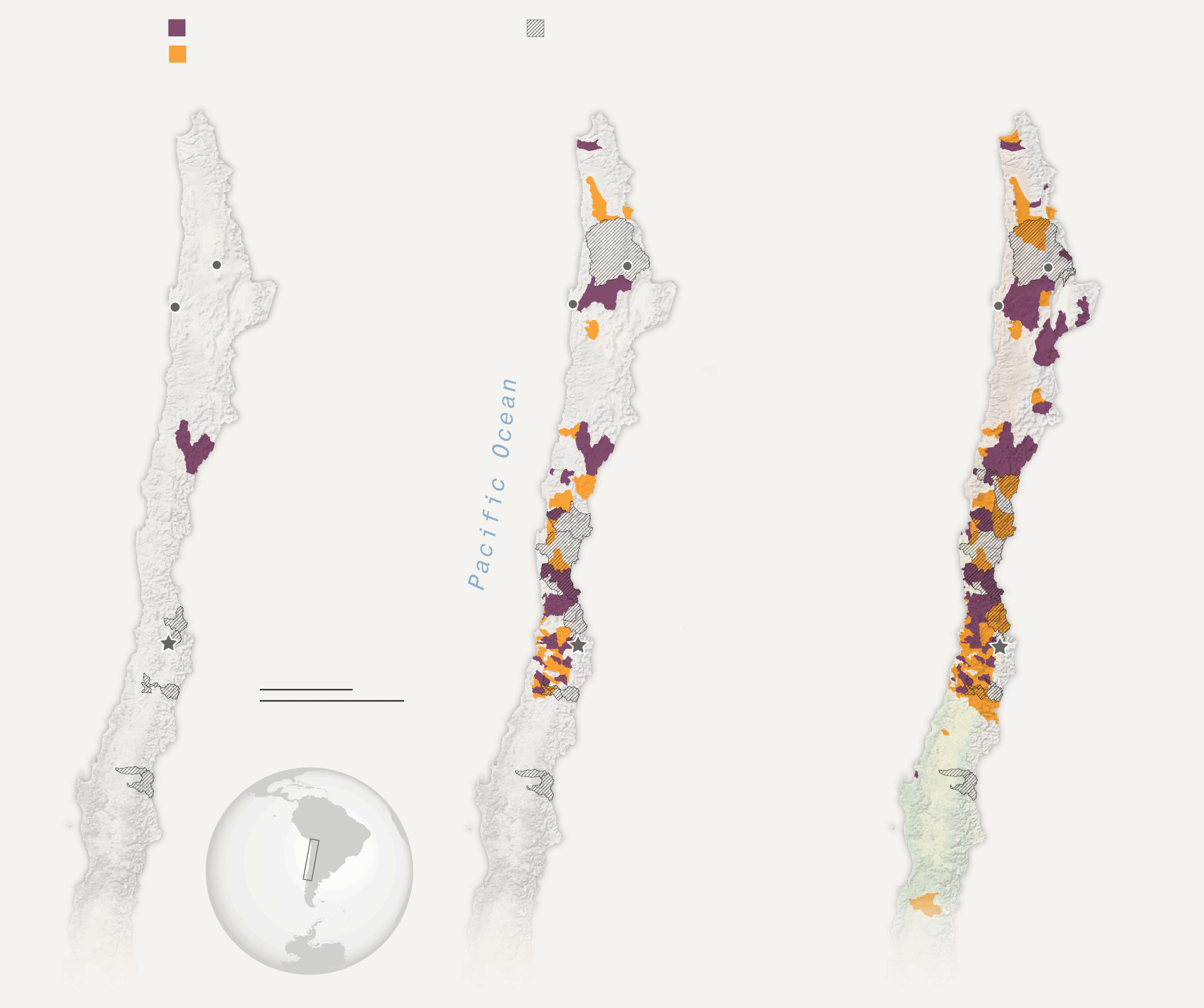 A set of Chile maps showing areas where issuing of new aquider rights are banned or restricted, and areas where issuing of new surface water rights are banned in 2023 as well as situations in 1995 and 2010.