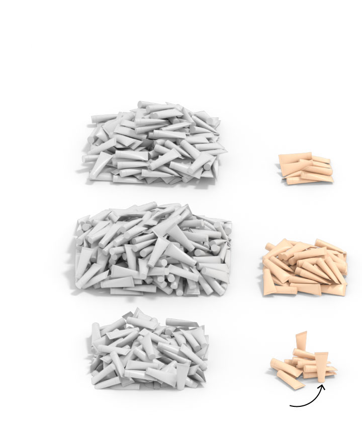 A graphic respresenting the products on the clean lists at Sephora, Ulta and Target. The graphic is made of stacks of tiny cosmetic tubes, and each store has two stacks: one for products with ingredients California has flagged, and one for products without ingredients California has flagged. Sephora has 234 products on its clean lists that contain ingredients flagged by California, Ulta 866 (the most out of the 3), and Target 200.