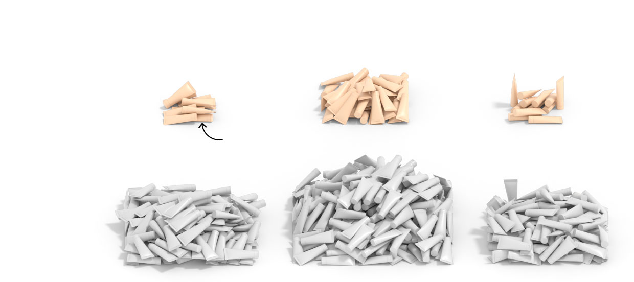 A graphic respresenting the products on the clean lists at Sephora, Ulta and Target. The graphic is made of stacks of tiny cosmetic tubes, and each store has two stacks: one for products with ingredients California has flagged, and one for products without ingredients California has flagged. Sephora has 234 products on its clean lists that contain ingredients flagged by California, Ulta 866 (the most out of the 3), and Target 200.