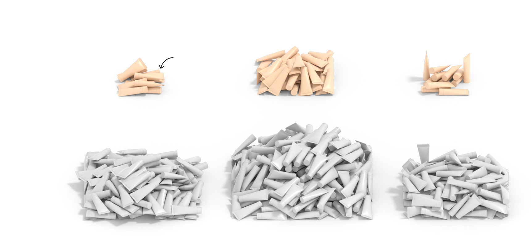 A graphic respresenting the products on the clean lists at Sephora, Ulta and Target. The graphic is made of stacks of tiny cosmetic tubes, and each store has two stacks: one for products with ingredients California has flagged, and one for products without ingredients California has flagged. Sephora has 234 products on its clean lists that contain ingredients flagged by California, Ulta 866 (the most out of the 3), and Target 200.