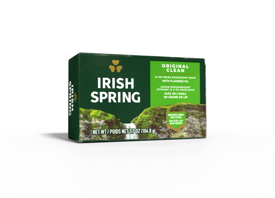 A gif of an irish spring soap bar packaged in its original cardboard green wrapper. The soap gently oscillates back and forth. the package reads 'Irish Spring Original Clean 12hr fresh deodorant soap with flaxseed oil, washes away bacteria.'