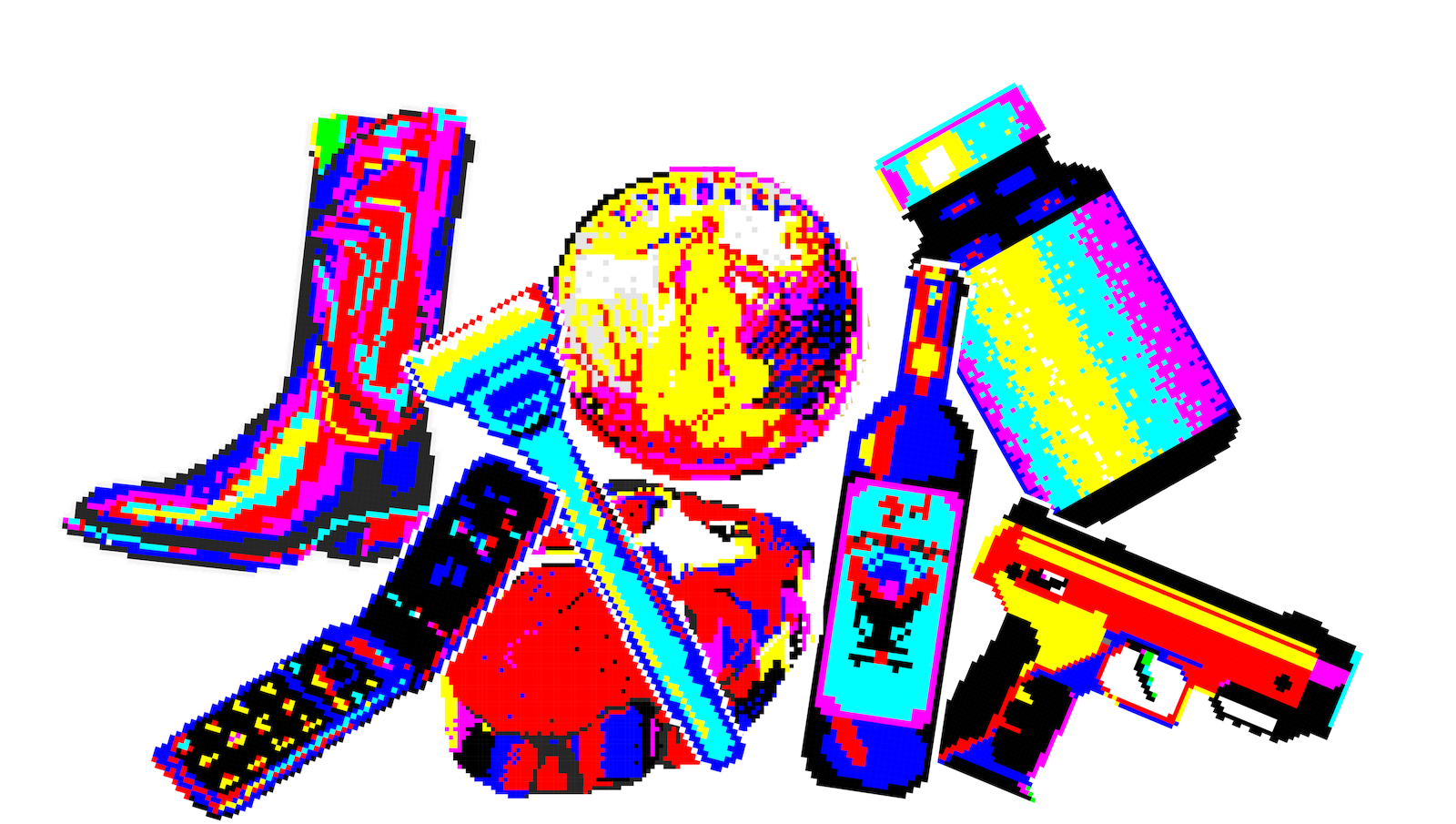 An illustration of products marketed on conservative podcasts, including cell phone networks represented by a pixelated drawing of a phone; a steak representing advertisements for beef products; a razor; a non-lethal gun alternative; a gold coin and a wine bottle representing wine sold by Republican Red Winery.