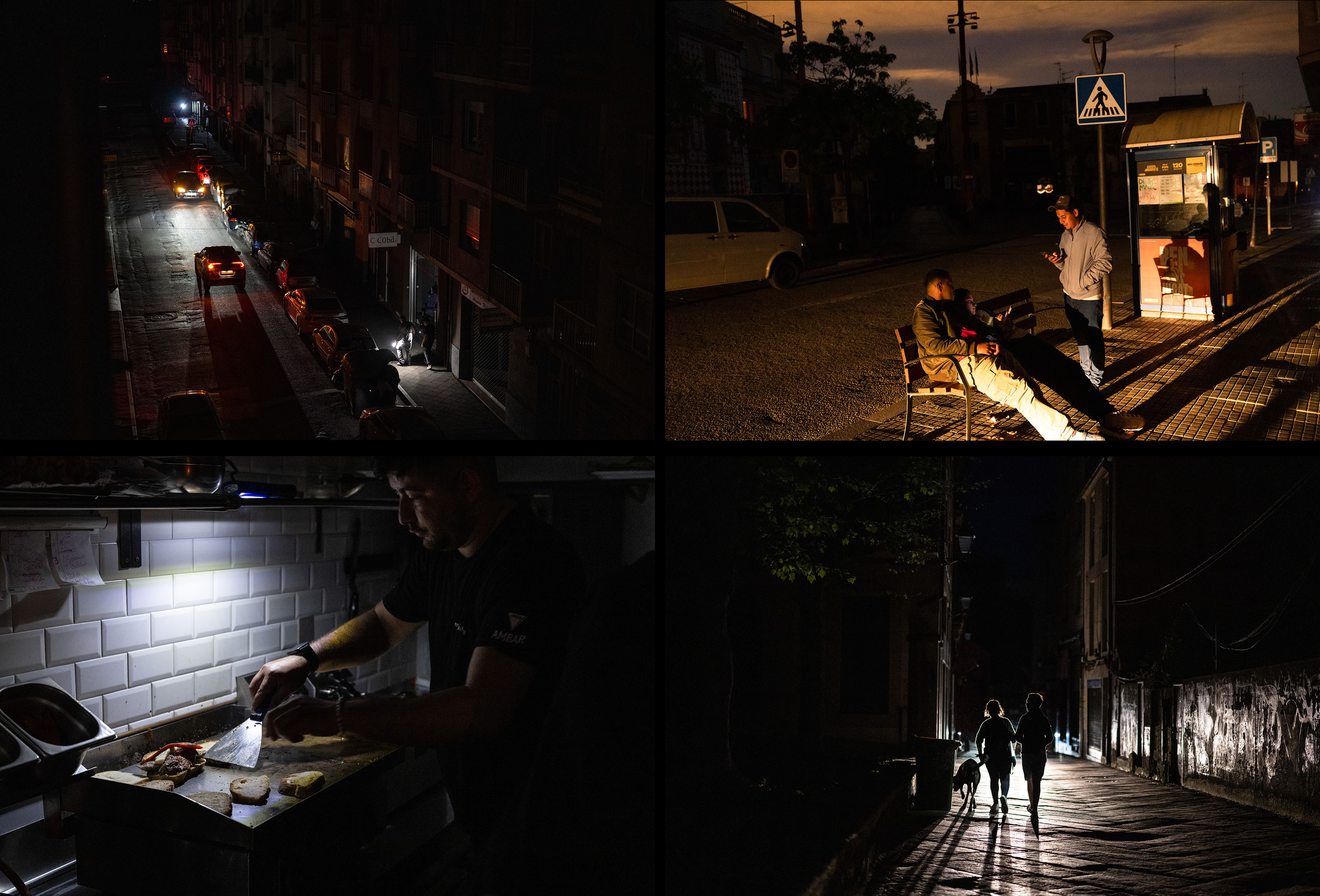 A collage of four photos taken during a power outage in Ourense, Spain, on April 28. Streets and homes are dimly lit by flashlights and car headlights; people sit on benches and walk dogs in the dark; a cook prepares food under a single light in a restaurant kitchen.