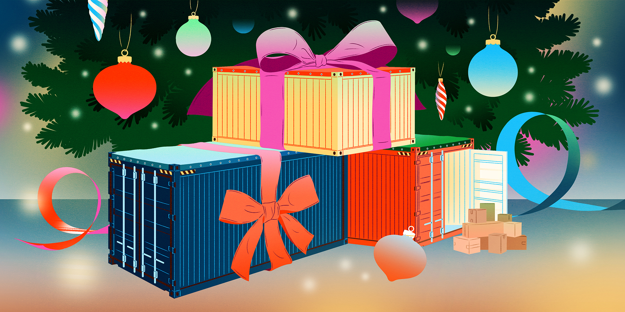 An illustration of shipping containers tied up with bows under a Christmas tree with ornaments.