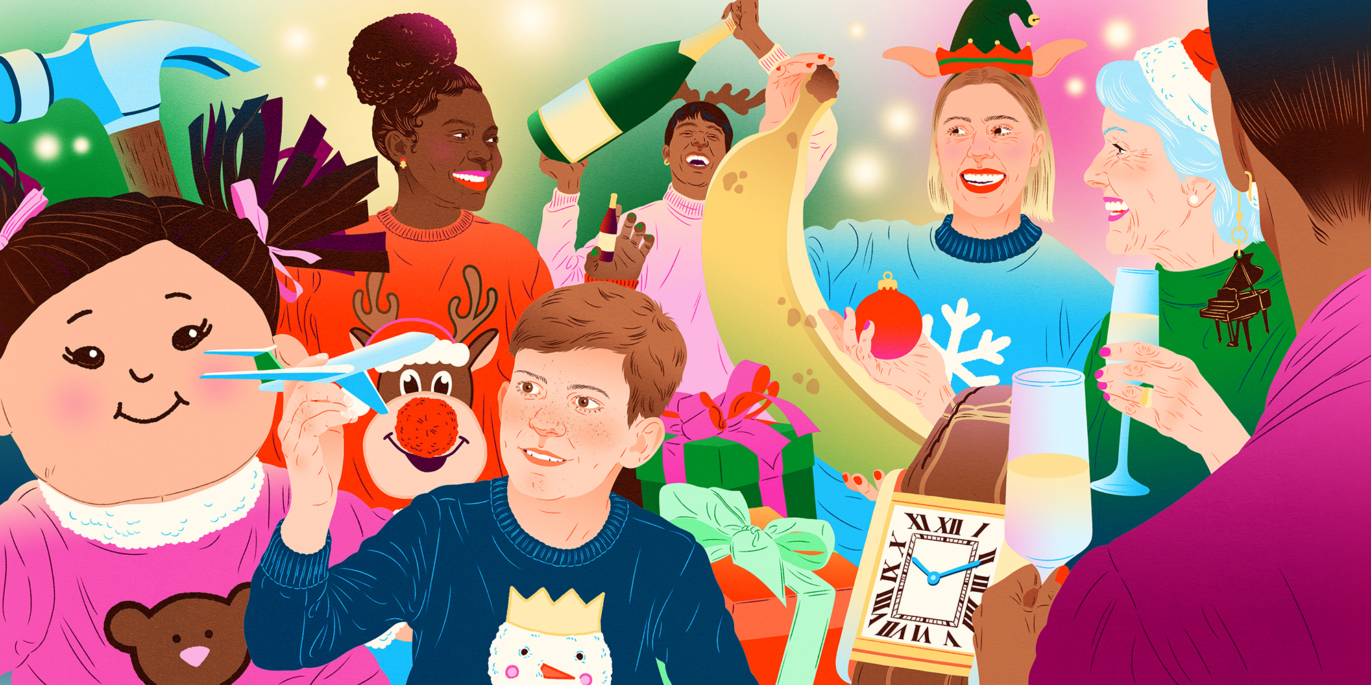 An illustration of people wearing holiday sweaters holding items. Items with prices that are more inflated this year than in past years are bigger in size, such as a doll, a watch and a banana. Items with prices that are less inflated this year than in past years are smaller in size, such as a piano, an airplane for travel and a wine bottle.