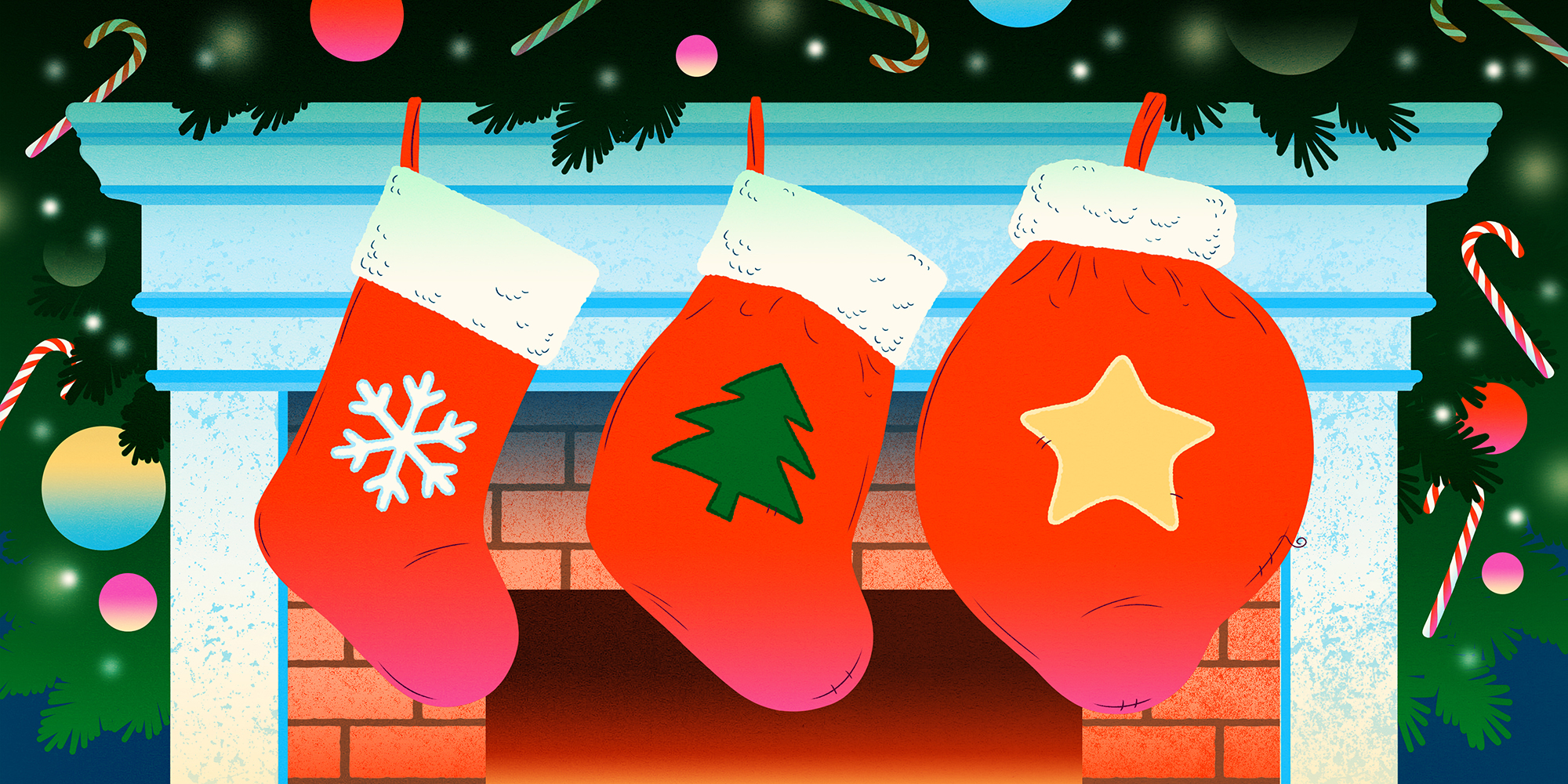An illustration of three stockings, inflated at different sizes, hanging over a fireplace.