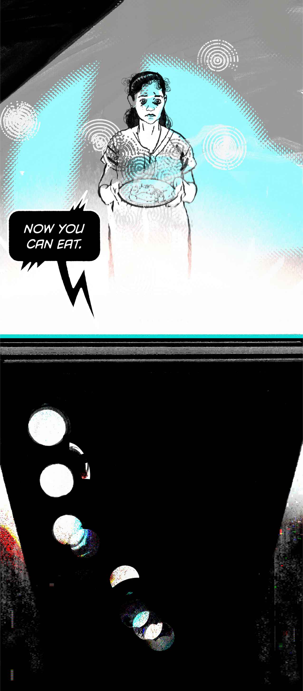 The woman stands in front of the phone, holding her plate of food. The phone looms over her. It says: "Now you can eat."