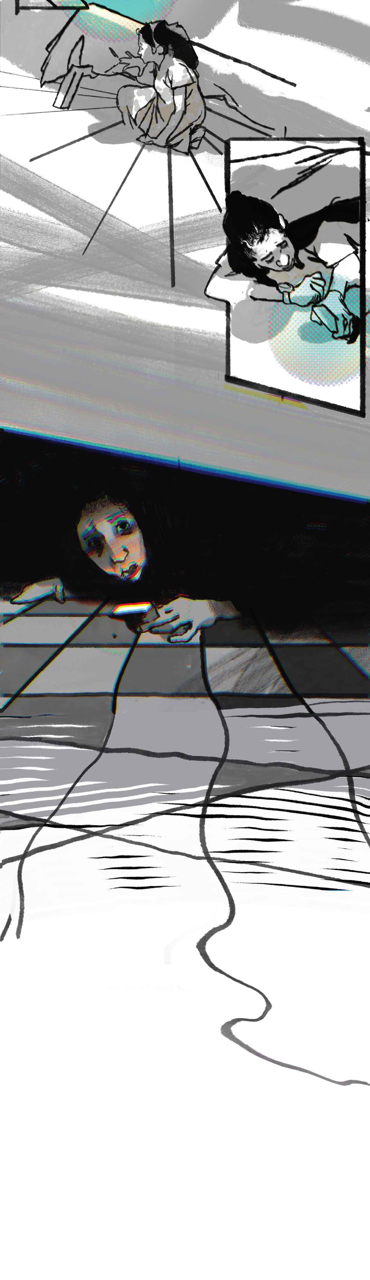 Ruchika begins to run, looking for a place to hide. She peers out from under the bed, phone in hand, casting a glow on her face.