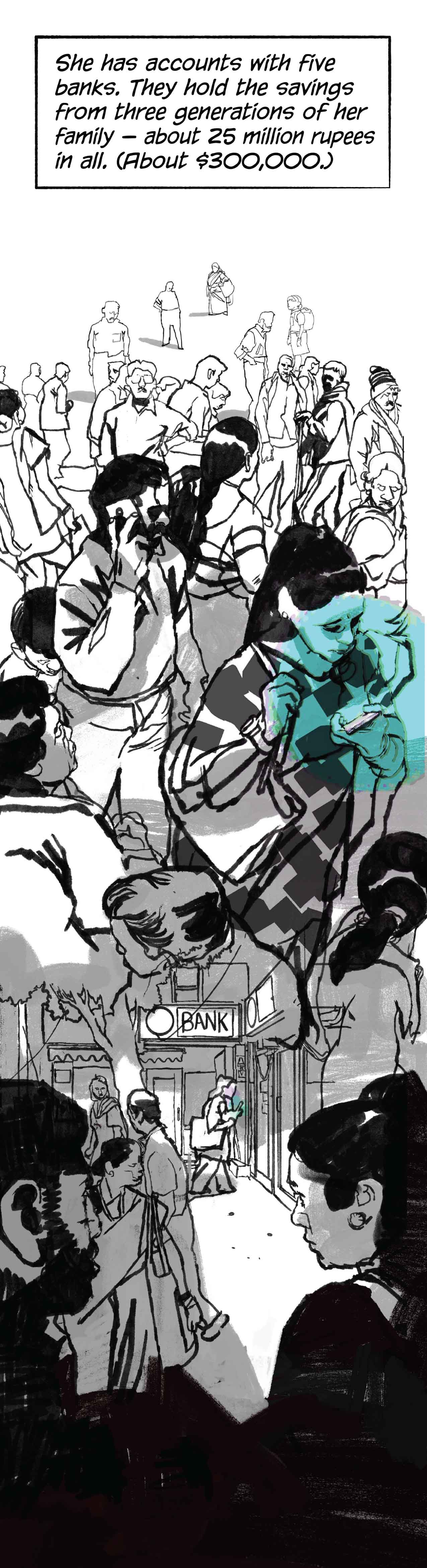 Ruchika is now in a crowd, walking towards a bank. Narration: "She has accounts with five banks. They hold the savings from three generations of her family."