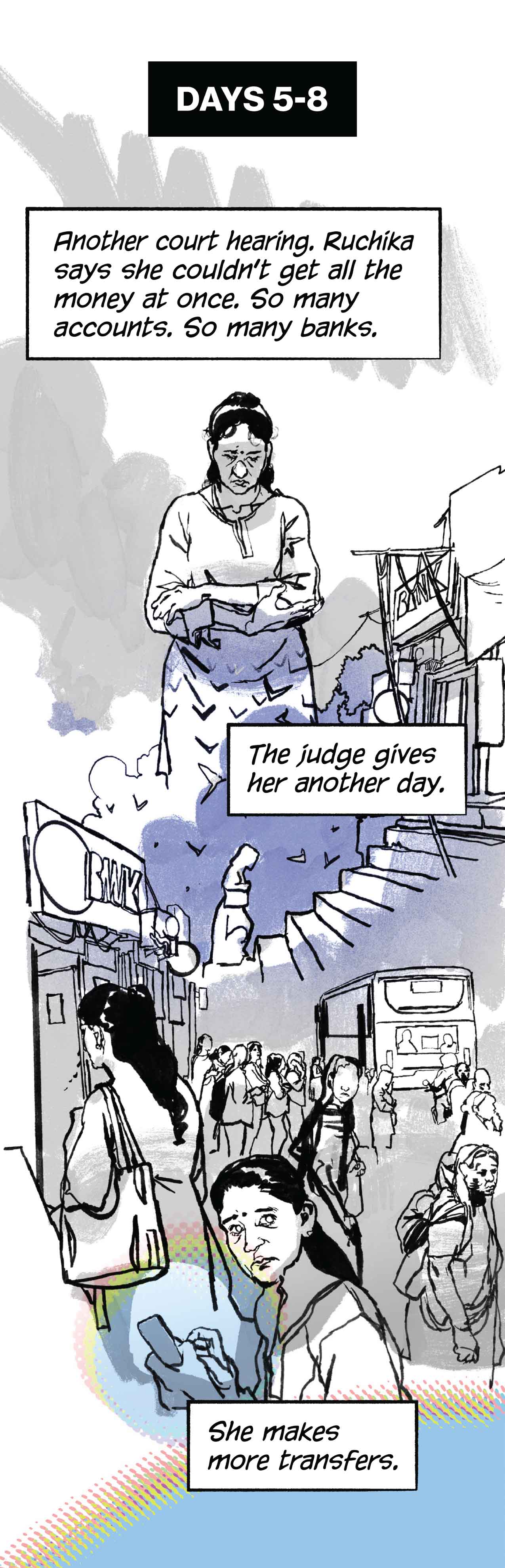 Days 5-8. Narration: Narration: "Another court hearing. Ruchika says she couldn't get all the money at once. The judge gives her another day." She goes to more banks.
