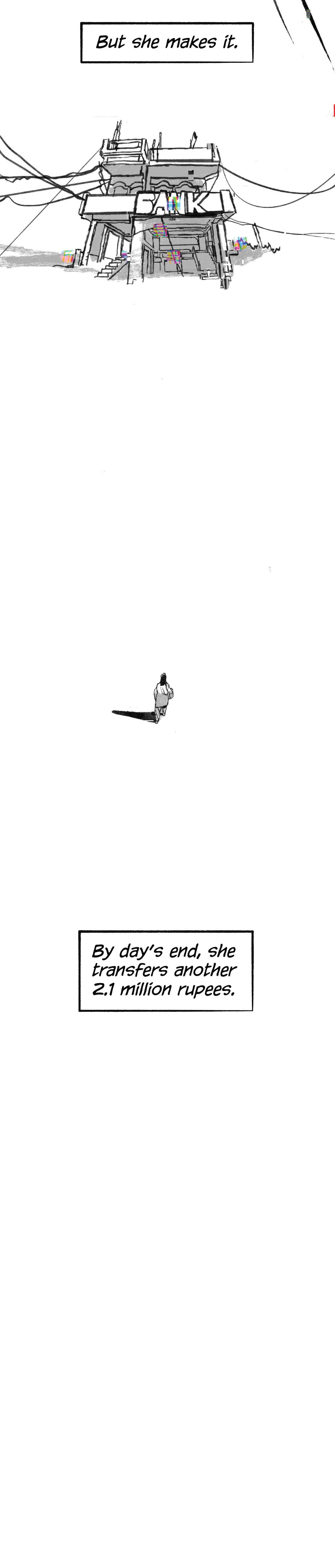 Ruchika makes a long trek to the last bank. Narration: “By day’s end, she transfers another 2.1 million rupees.”