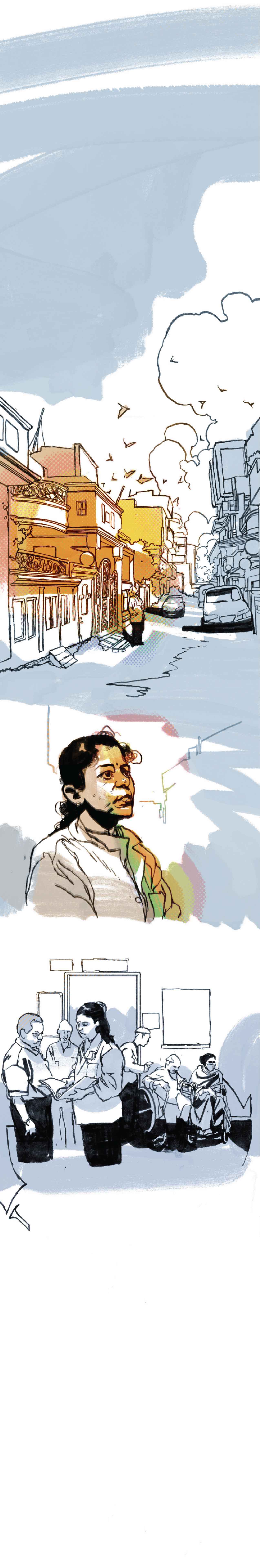 As she steps out onto the street, the sky above is vast, birds are flying. She exhales. Then, she’s back in the hospital, talking to patients.