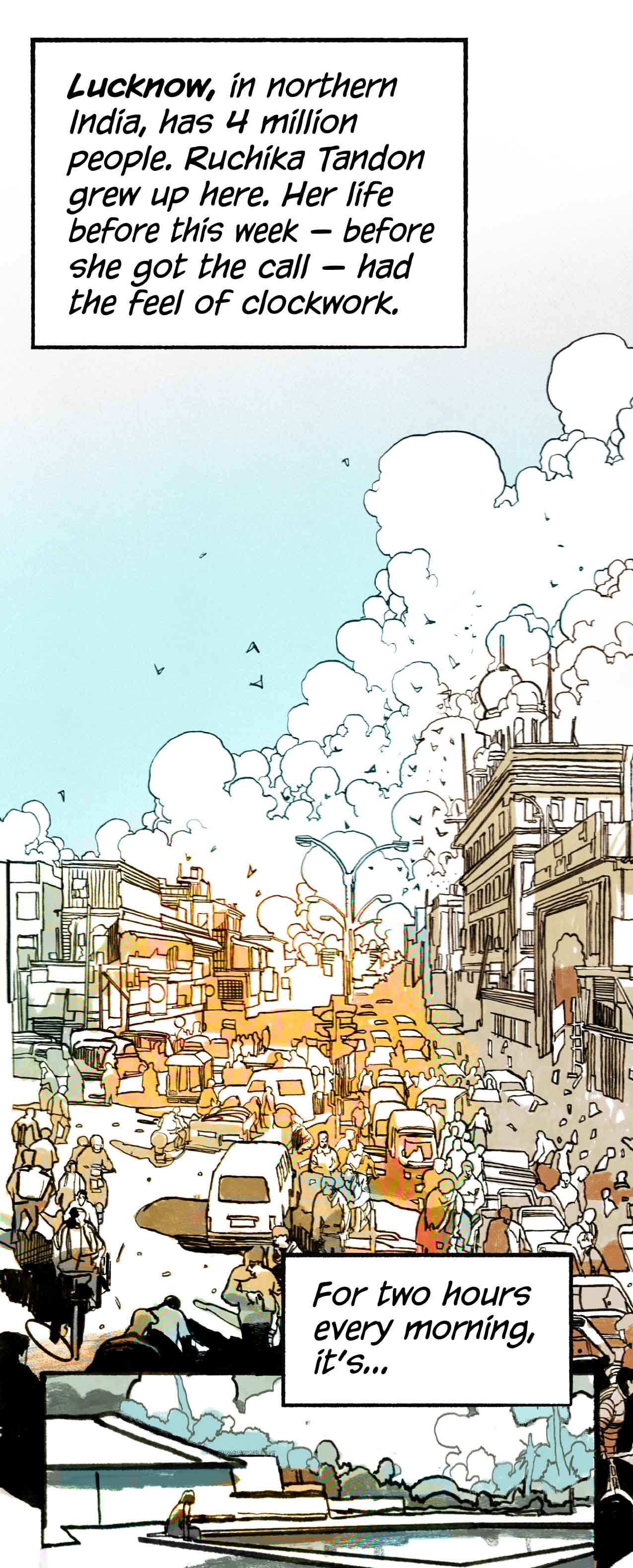 Clouds. Birds in the sky. A city scene: Lucknow, northern India. In the next panel, a woman sits at the edge of a pool.