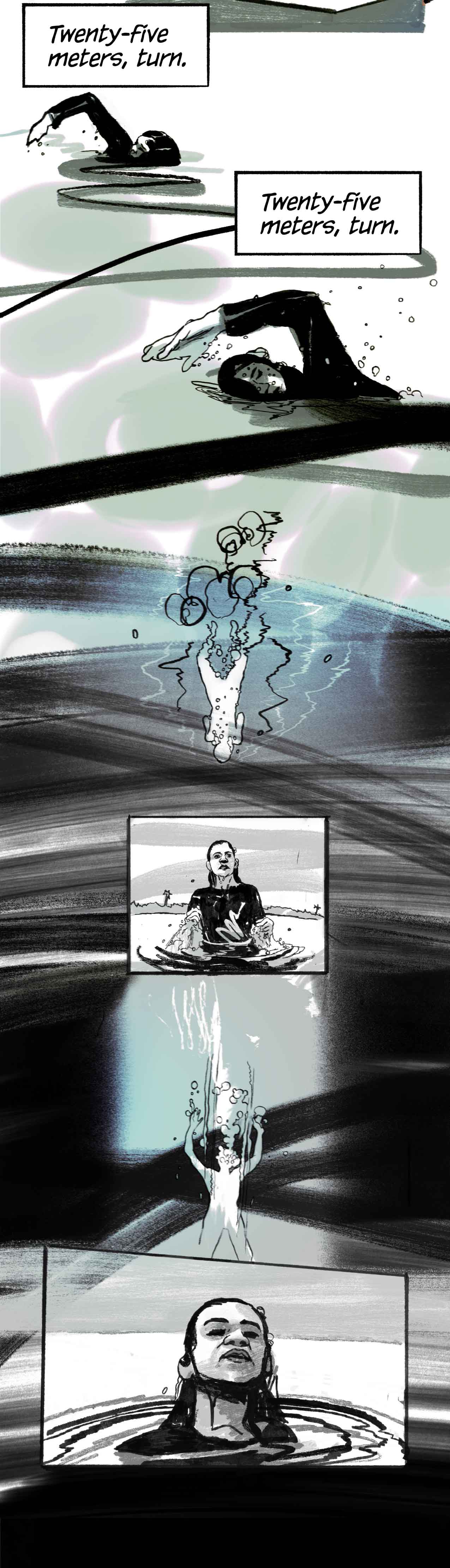 The woman, Ruchika Tandon, grew up here. She swims every day for two hours: twenty-five meters turn… twenty-five meters turn.