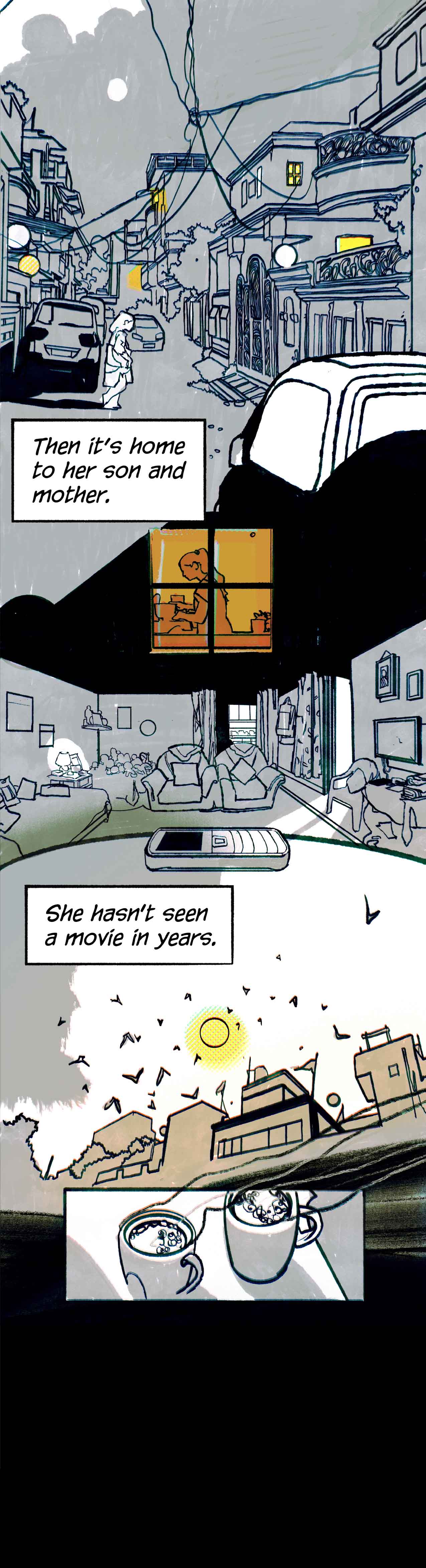 Narration: "Then it’s home to her son and mother." It's evening. Ruchika walks home. Windows glow. Her phone, an old keypad style, sits on the living room table.