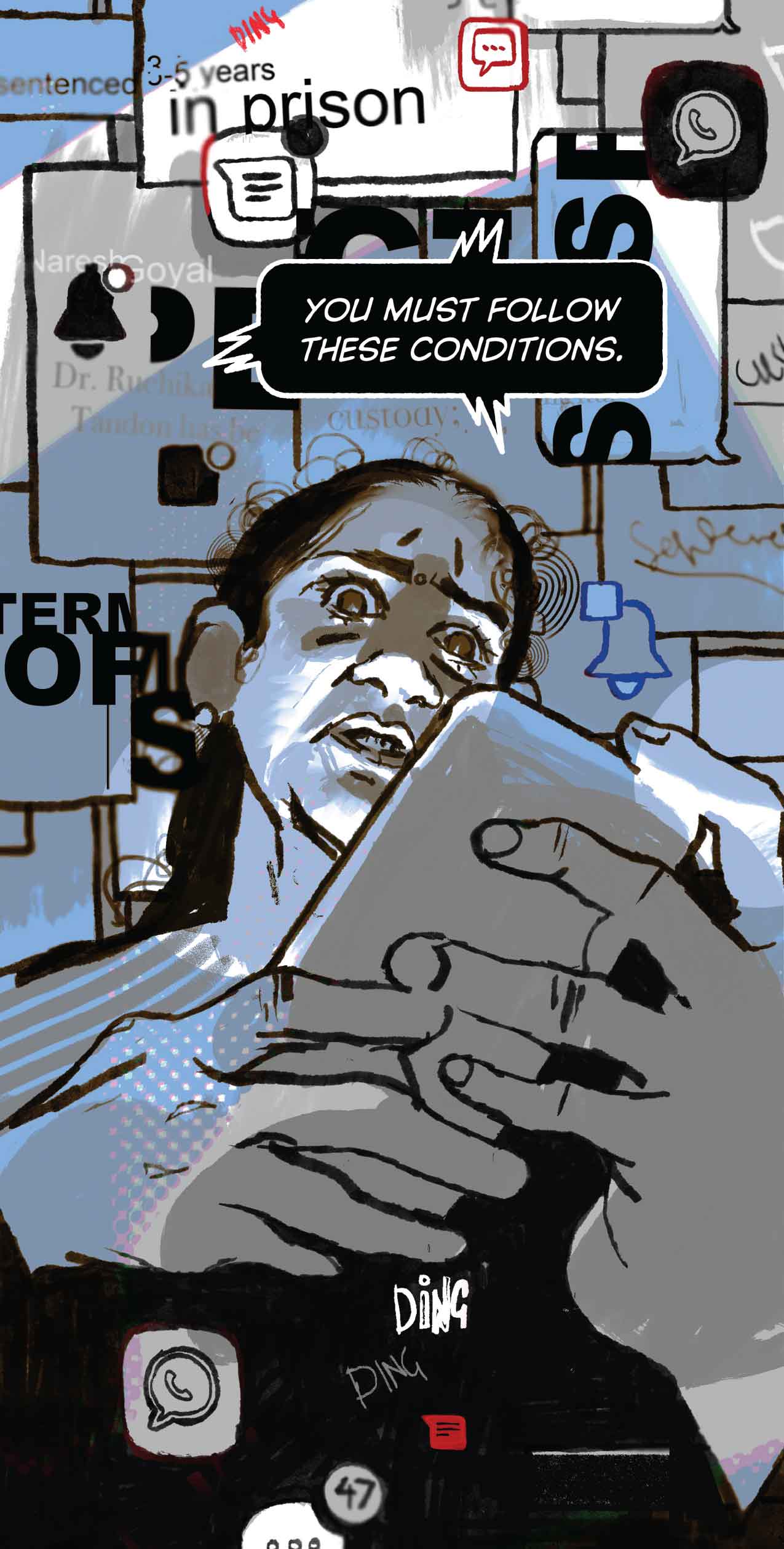 Ruchika stares down at the phone in mild horror. Phone: "You must follow these conditions."