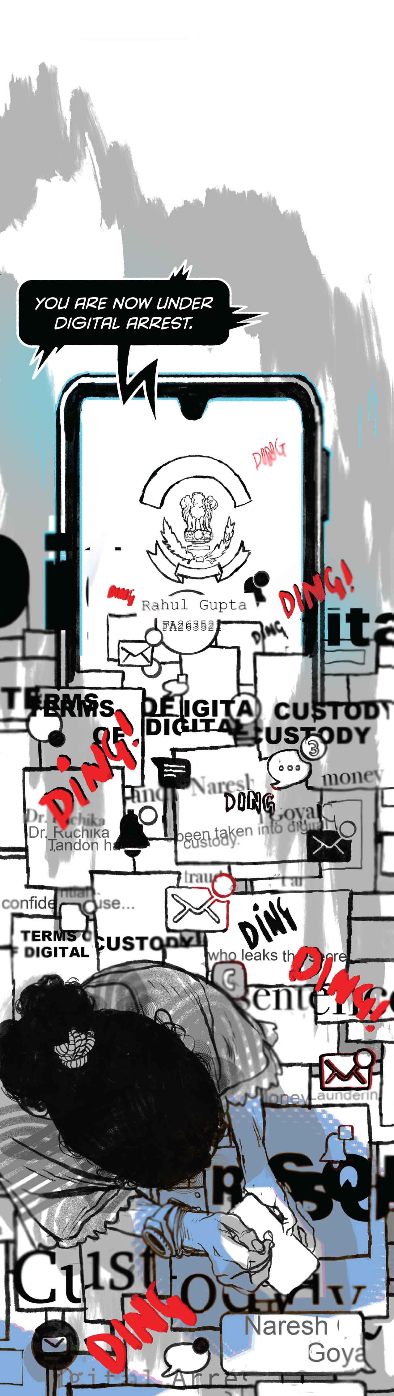 Phone: "You are now under digital arrest." The screen shows the Central Bureau of Investigation logo with Gupta's name below. New messages inundate Ruchika: Ding! Ding! Ding!