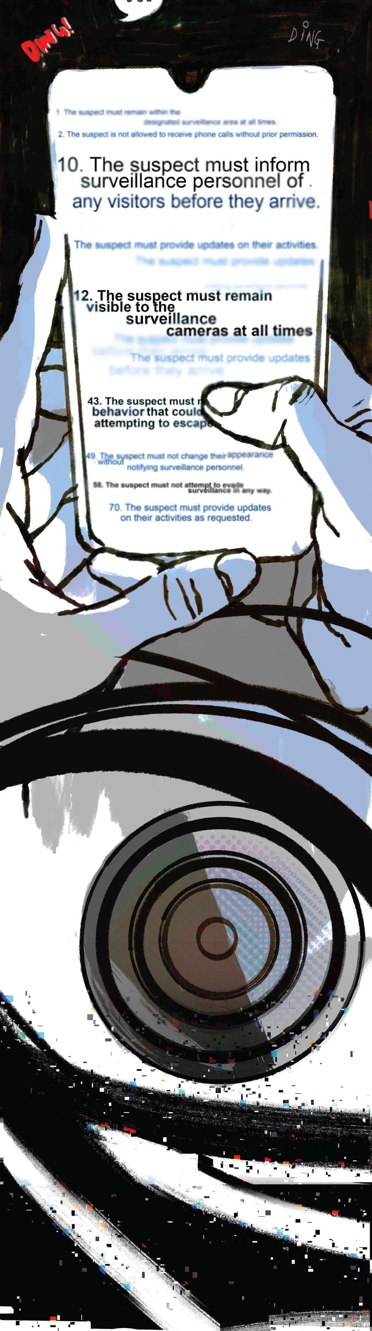 Rules fade into view. #10 says visitors aren't allowed without approval, #12 says she must remain visible to the cameras, #43 says she can't try to escape.