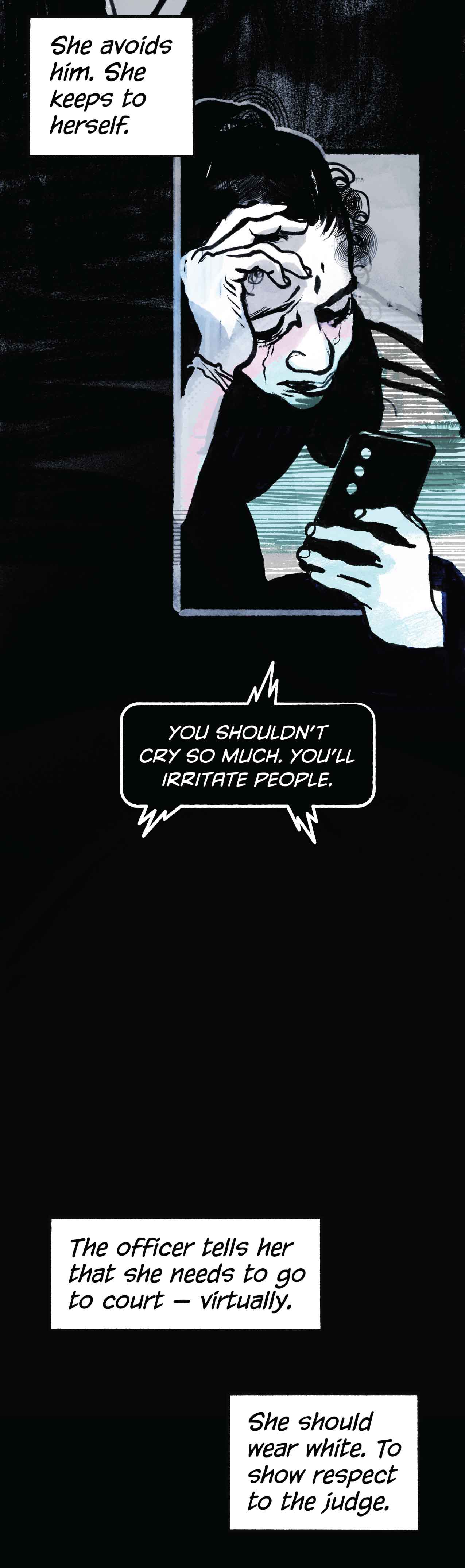 Narration: "She keeps to herself." Ruchika is crying. Phone: "Don't cry so much. You'll irritate people."