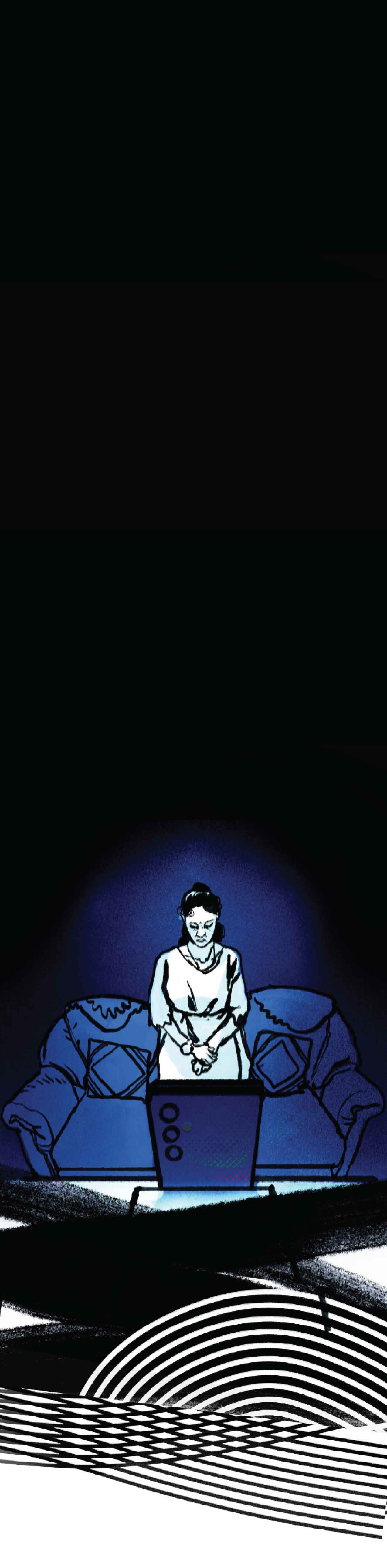 वह अपने लिविंग रूम में अपने फ़ोन के सामने खड़ी है।