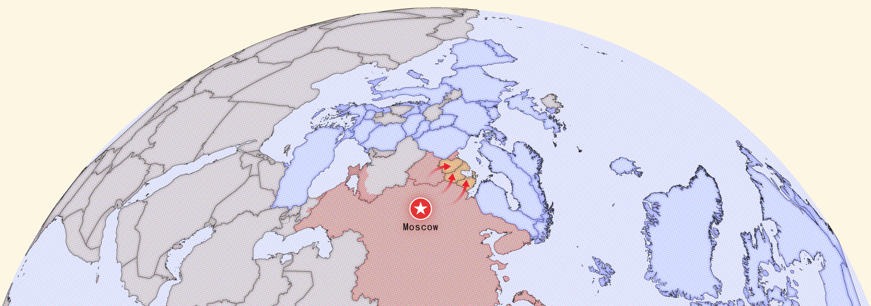 A map shows a view of the globe turned 90 degrees so that Moscow and Russia is centered and north points to the right. Arrows flow from Russia into the Baltic States.